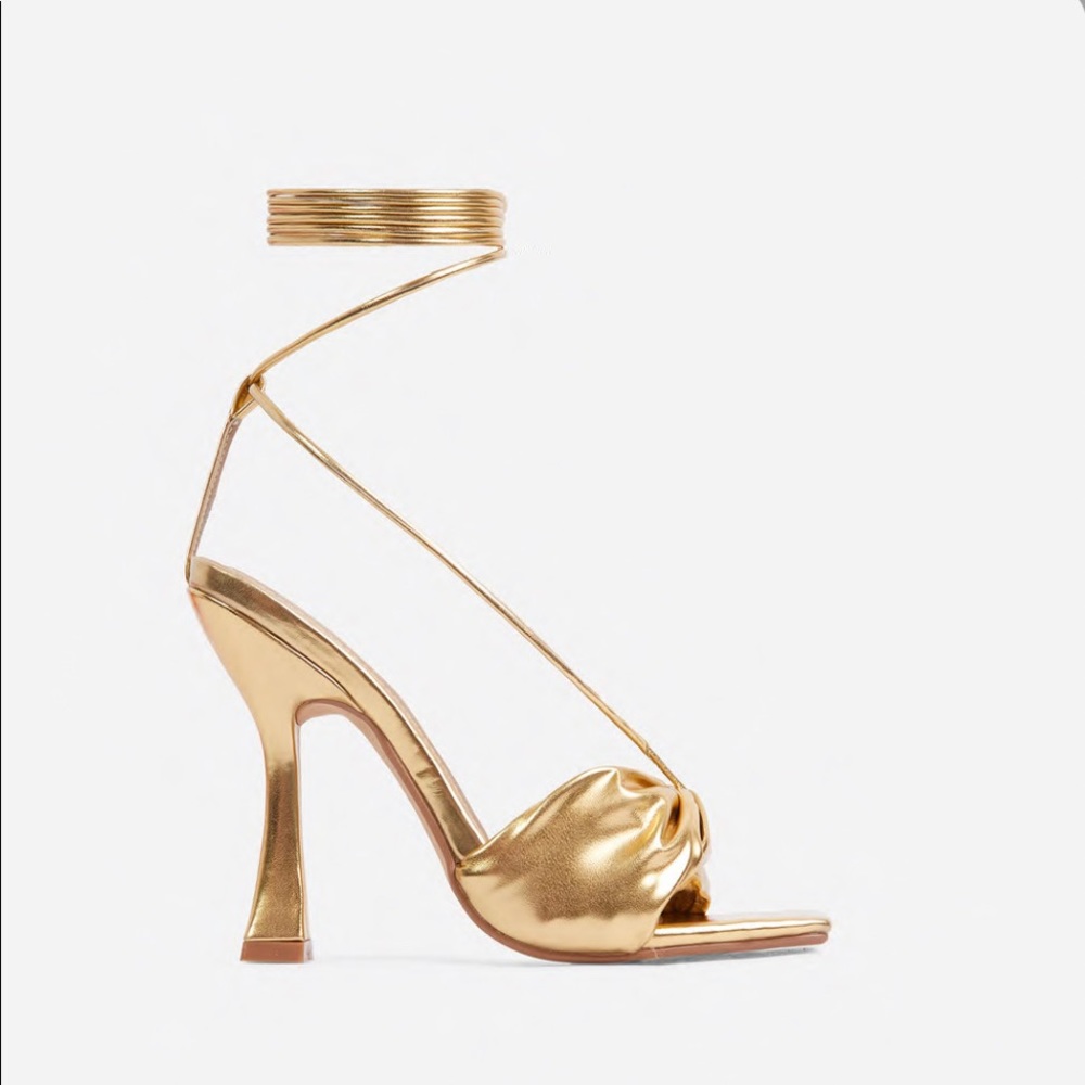 Twisted Detail Lace Up Square Peep Toe Curved Heel In Gold Faux Leather